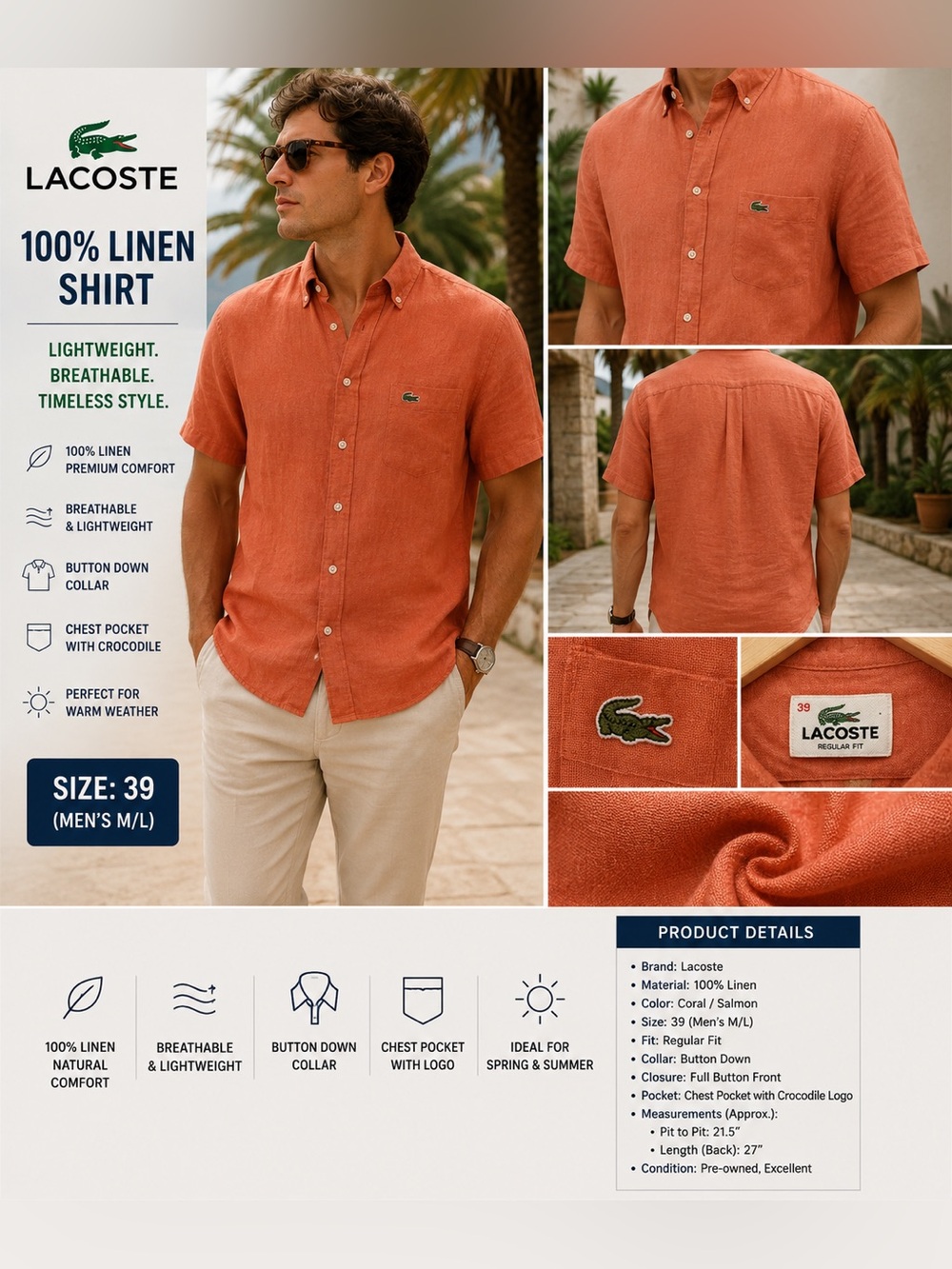 Lacoste Linen Button Down Shirt Men's 39 Coral Salmon Short Sleeve Croc Logo